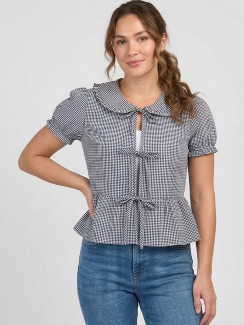 Us Together Navy Gingham Peter Pan Collar Top Tie Front Peplum Blouse Medium NWT - Picture 7 of 7
